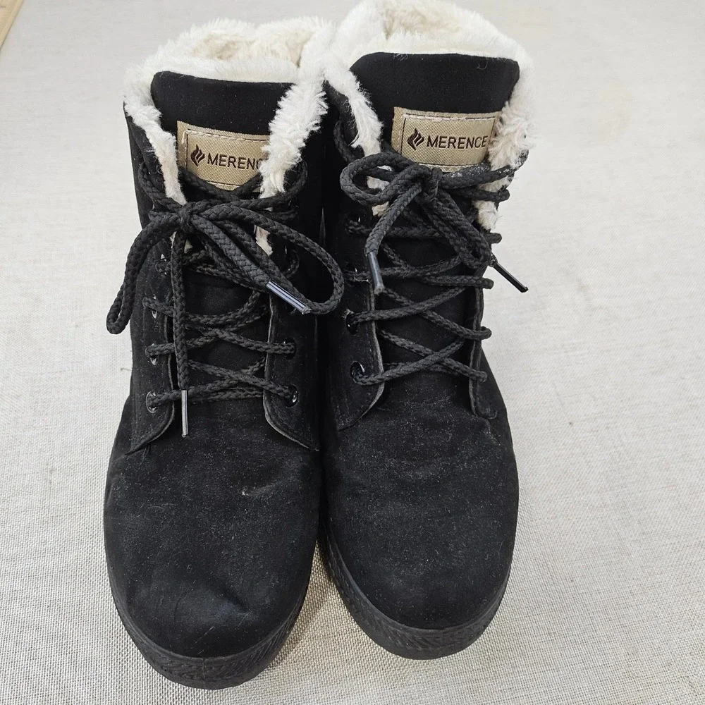 Merence Womens Ankle Boots Black Faux Fur Lined Lace Up Lug Sole EU 40 / 9.5
